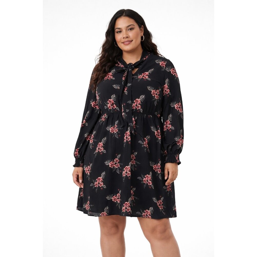 🌸 NWT LOFT Black Floral Tie Neck Babydoll Mini Dress Large 🌸